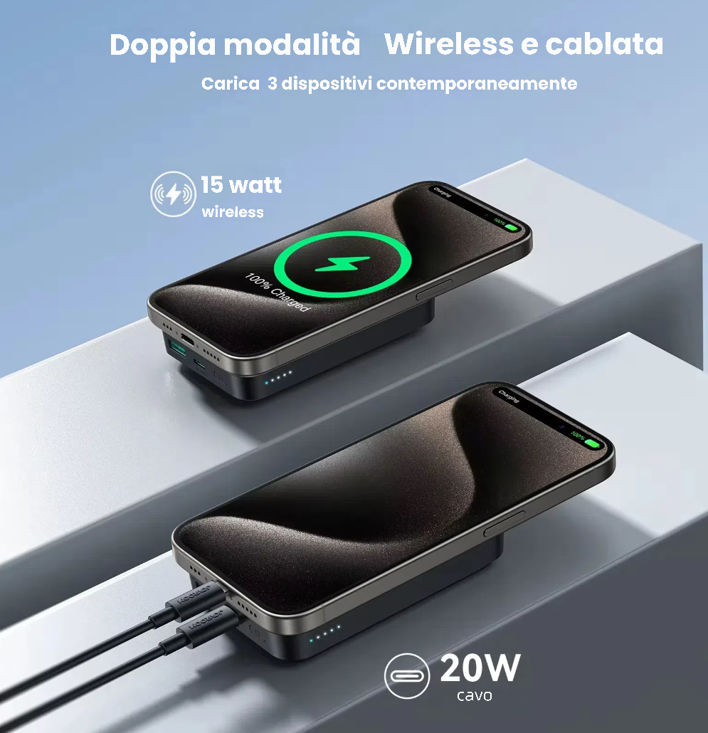 BUNUSS Mag Power Bank 5000 mAh - ultrasottile - ricarica veloce 20W - Compatibile con Mag Safe - Batteria Portatile Senza Fili