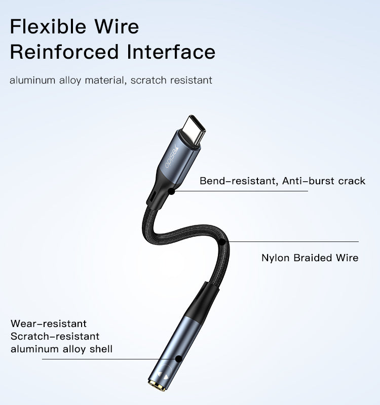 Adattatore Tipo-C maschio e  jack audio AUX da 3,5 mm Cavo per cuffie auricolari Cavo in lega di alluminio e nylon YAU38