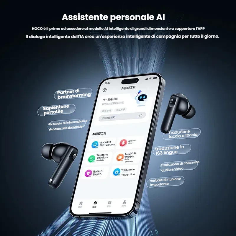 Auricolare intelligente AI con traduzione in 163 lingua.