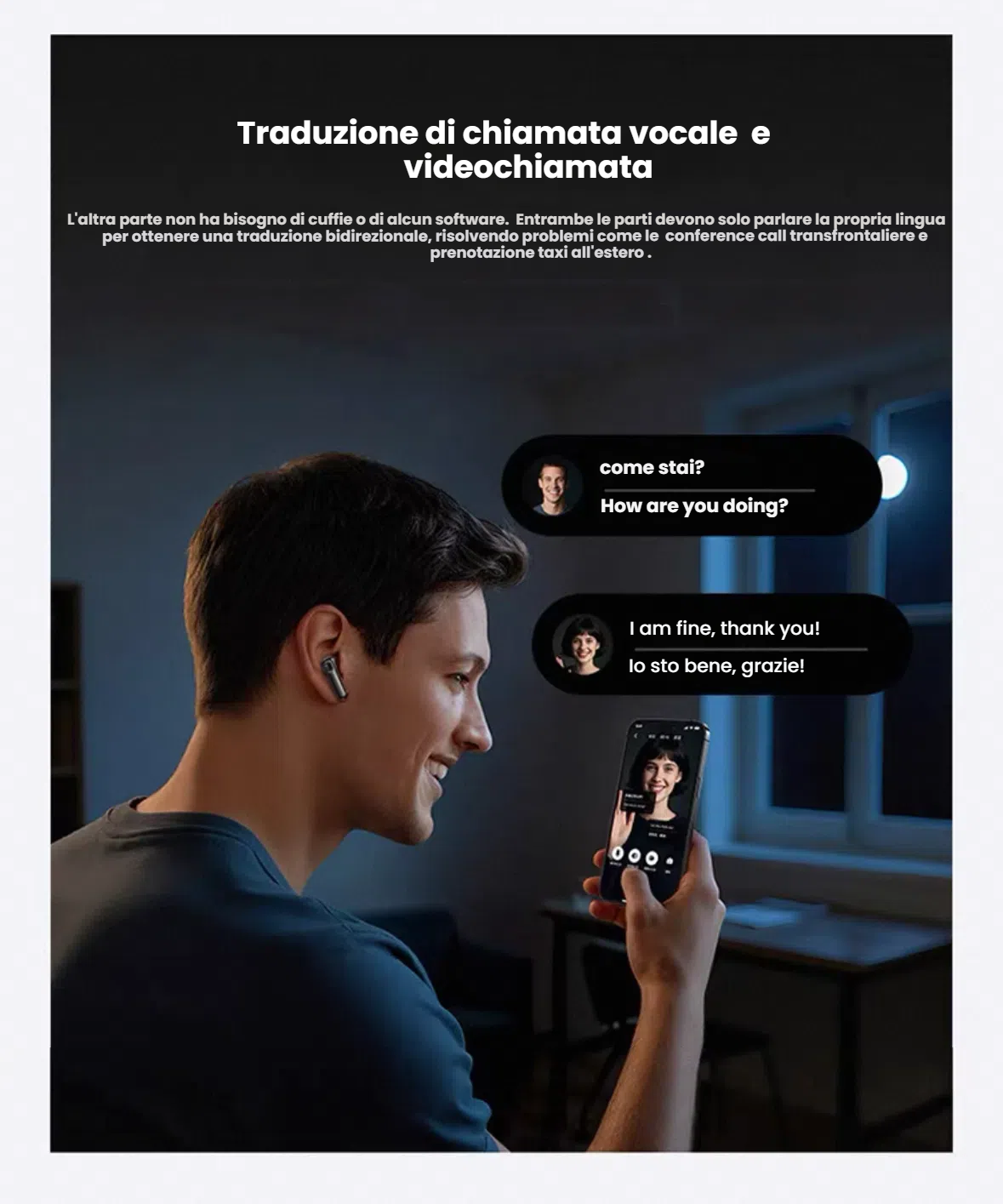 Auricolare intelligente AI con traduzione in 163 lingua.