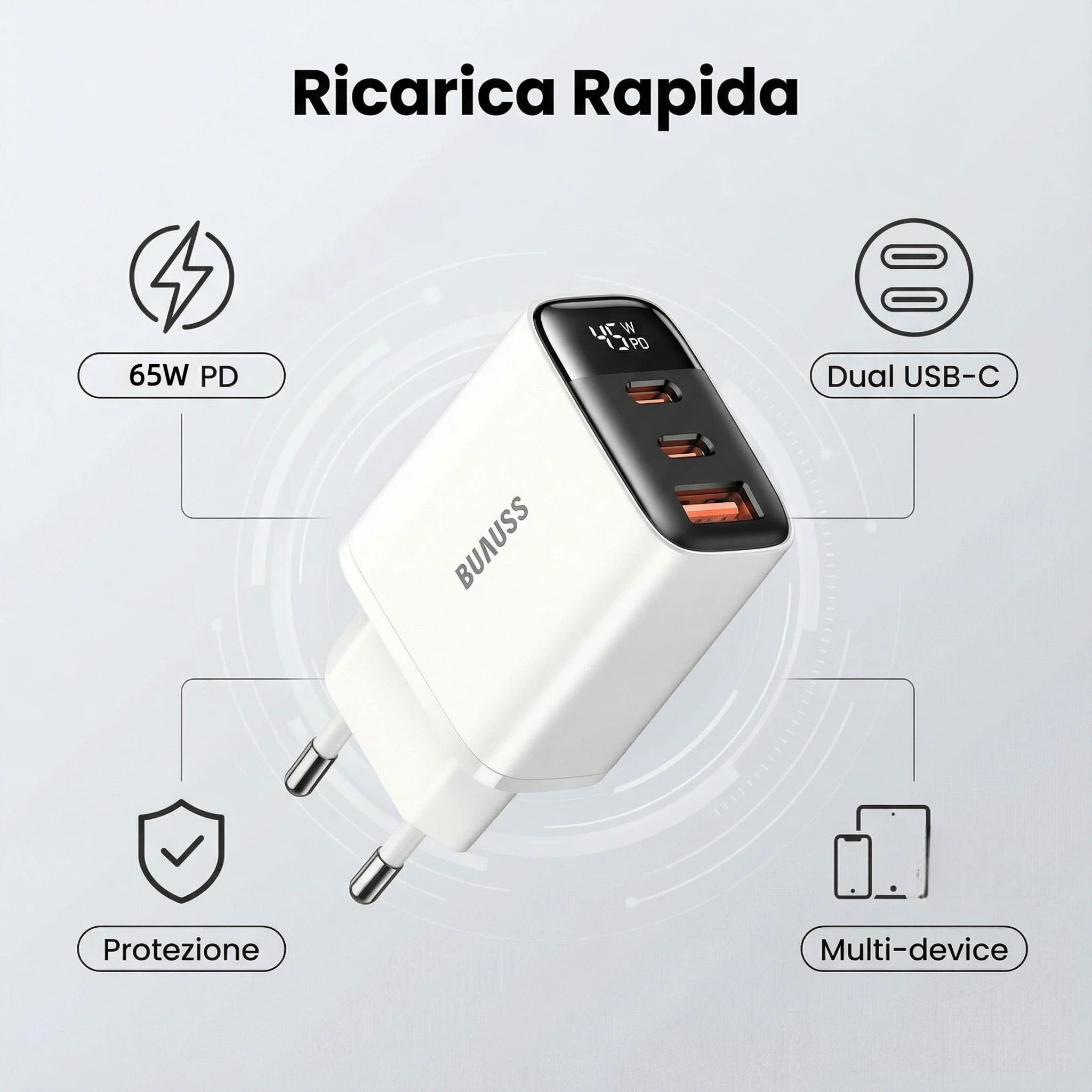 Caricabatterie GaN 45W ricarica rapida con protezione intelligente, display che dimostra la potenza di ricarica, con due uscita C e una USB A, adattatore alimentazione per dispositivi. BC3-45CCA