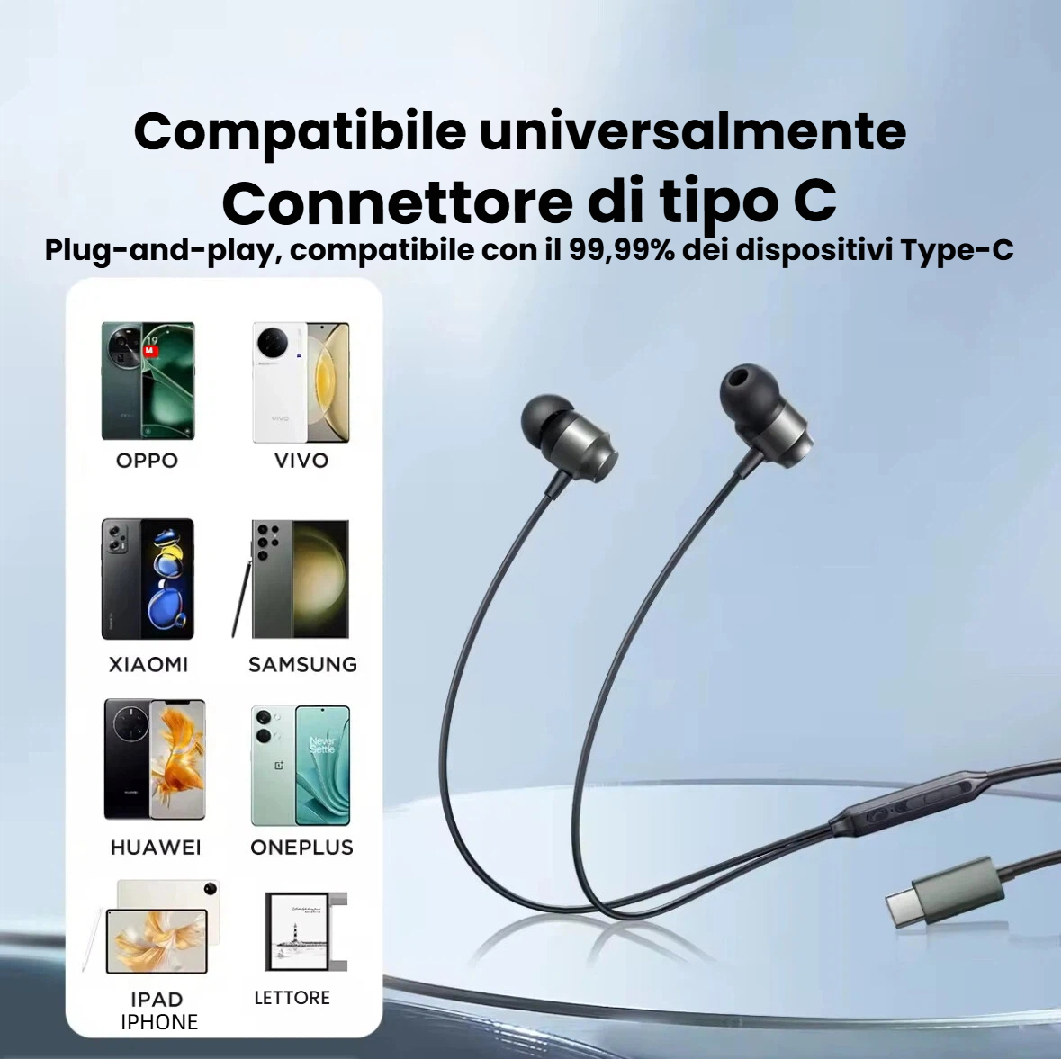 Auricolari In-Ear con Filo a Connettore USB-C, Qualità Audio HiFi con Microfono Integrato, ideare per Android, IOS, Table e Laptop