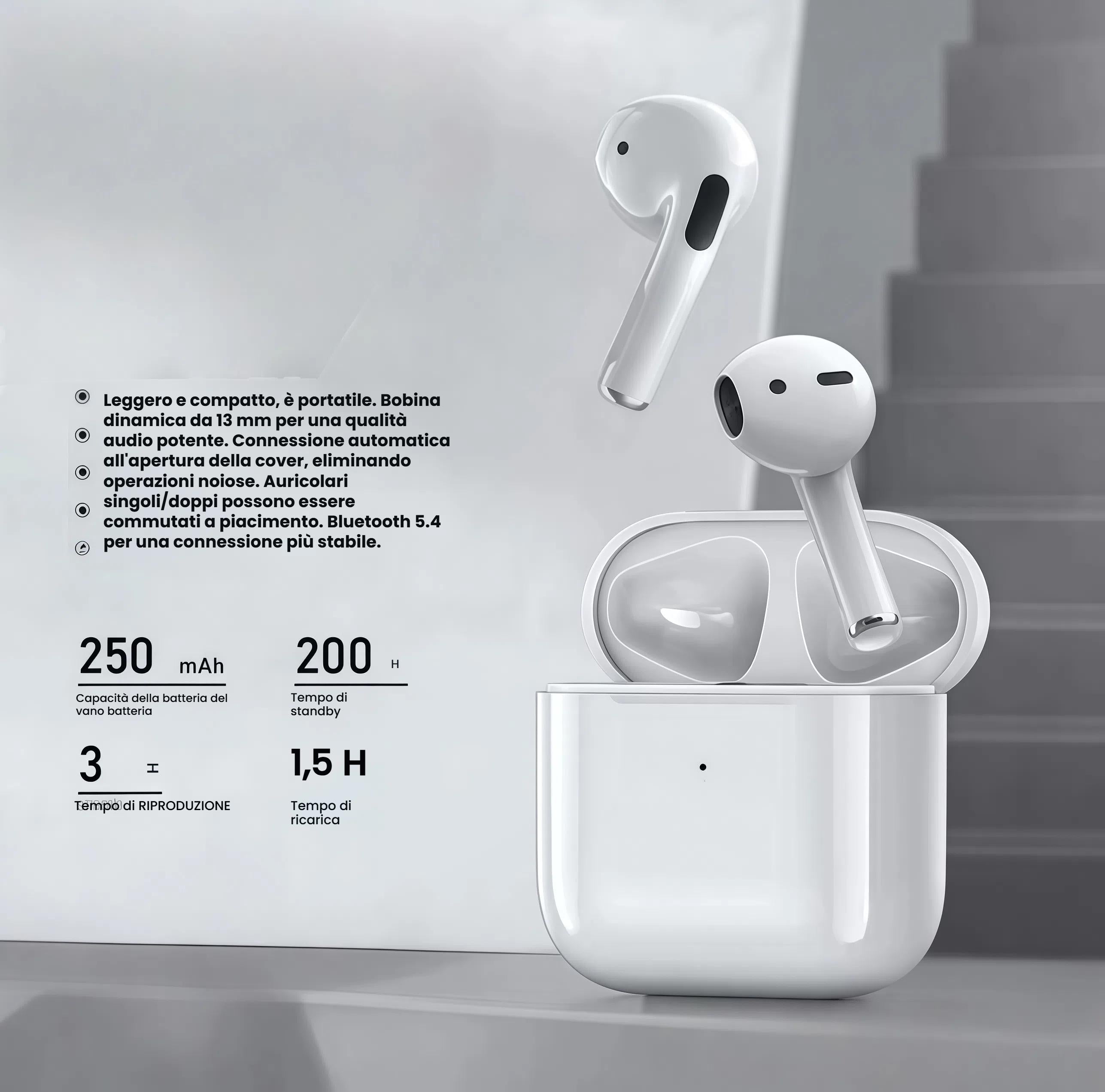 Auricolare Bluetooth TWS 10i Piccolo Pratico Tascabile con Tocco Intelligente e Bluetooth 5.4 Batteria 250mAh per 200 Ore di Standby