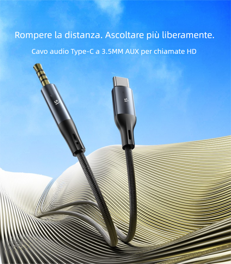 Cavo audio da Type-C a Jack 3.5mm in lega di alluminio con chip ad alte prestazioni integrato, cavo AUX per chiamate HD. YAU42