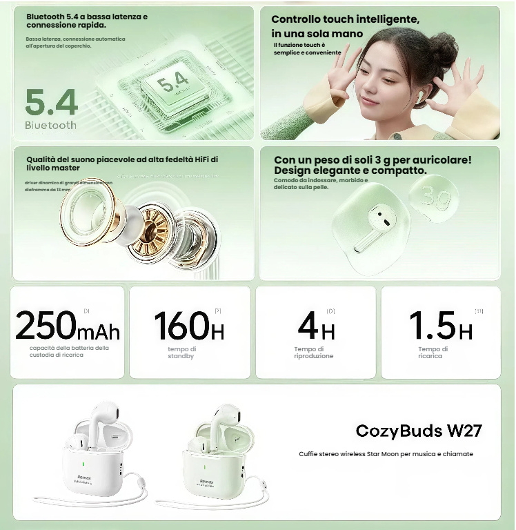 Auricolare Wireless Cuffie Bluetooth 5.4, Piccolo Tascabile con tocco intelligente, Batteria 250mAh per 160 ore di Standby. W27